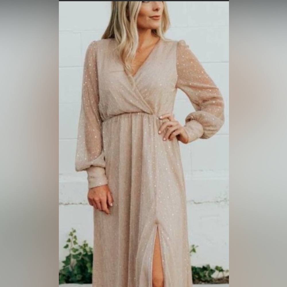 Baltic Born Abigail long sleeve sparkle gown in Champaign size x small